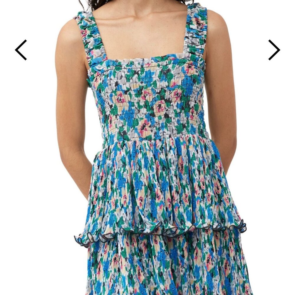 Ganni Pleated Georgette Smock Midi Dress - Floral Azure Blue